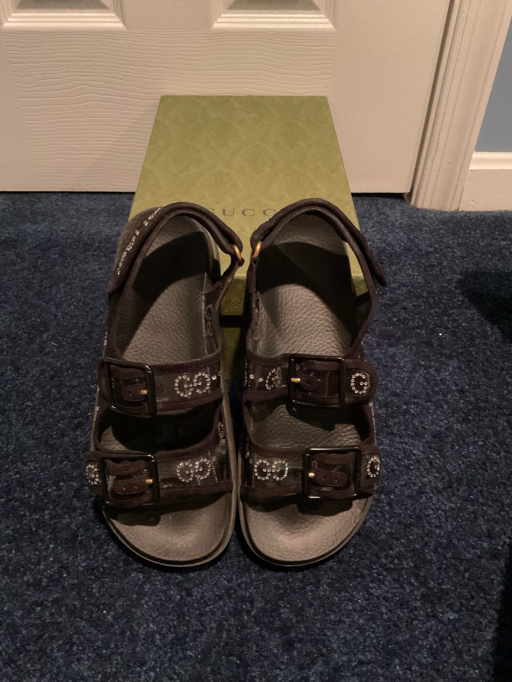 Gucci Tela Retino Kid Scamosciato Crystal GG Monogram Dad Sandals